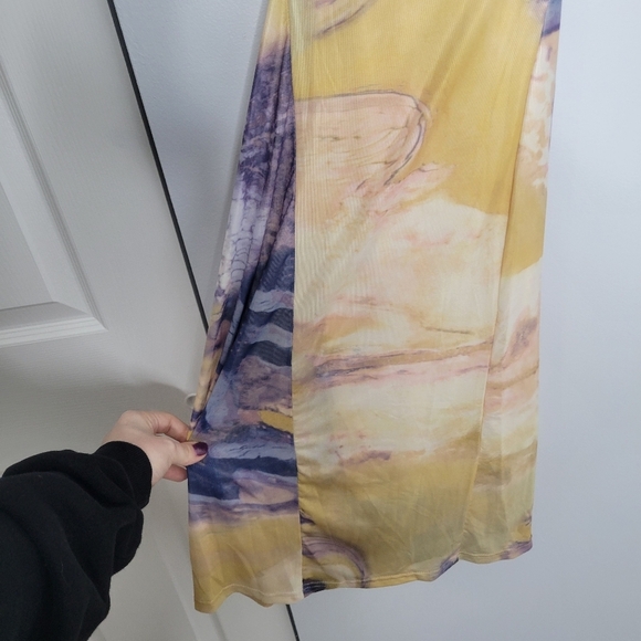 NWT Commense Yellow Purple Marble Tie-Dye Mesh Ruched Bodycon Midi Dress - Picture 6 of 9